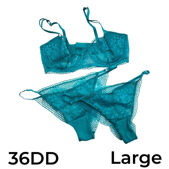Adore Me | ‘Evah’ Teal Lace Bra 36DD & 2 High Cut Bikini Panties Large - Picture 1 of 5